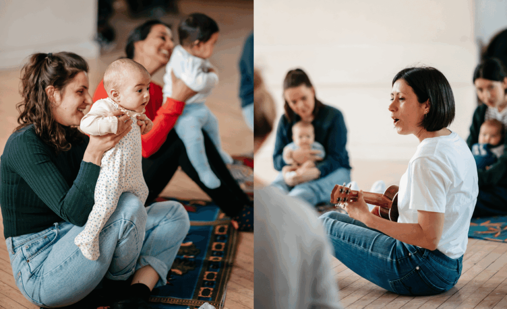 Parents with babies enjoy a music session as a teacher plays the ukulele; babies sit on laps, fully engaged and smiling.